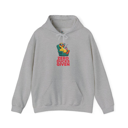 Flat lay of grey Zero Ducks Given hoodie – novelty funny meme sweatshirt