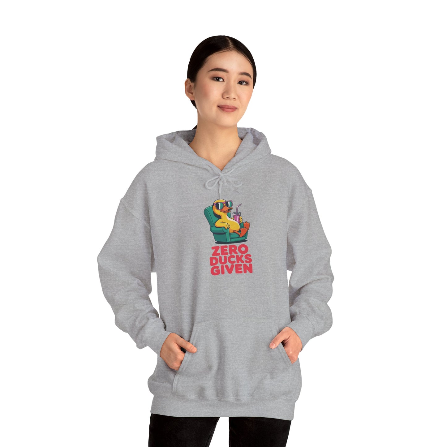 Model wearing grey Zero Ducks Given hoodie – funny duck meme sweatshirt