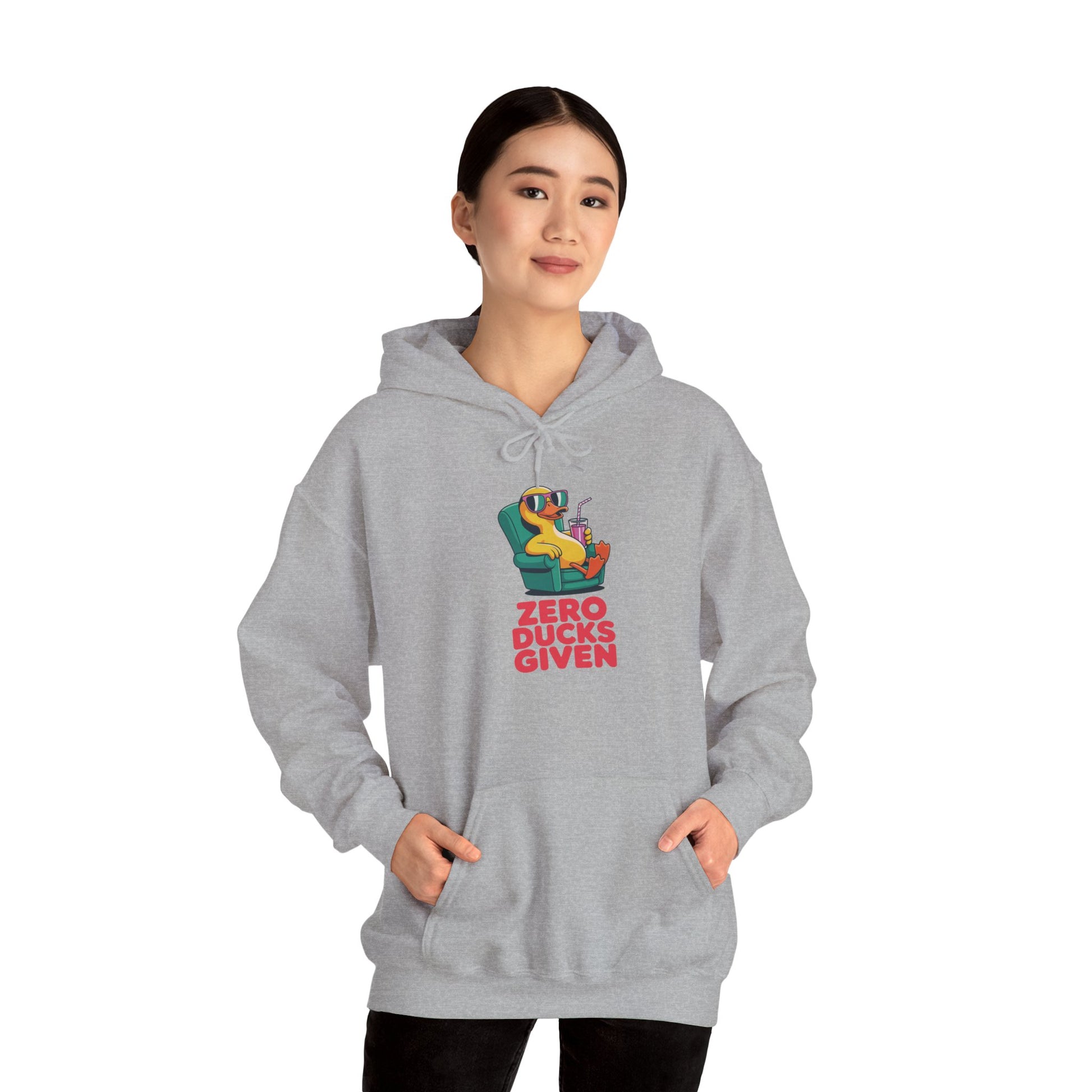 Model wearing grey Zero Ducks Given hoodie – funny duck meme sweatshirt