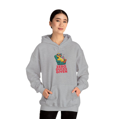 Model wearing grey Zero Ducks Given hoodie – funny duck meme sweatshirt
