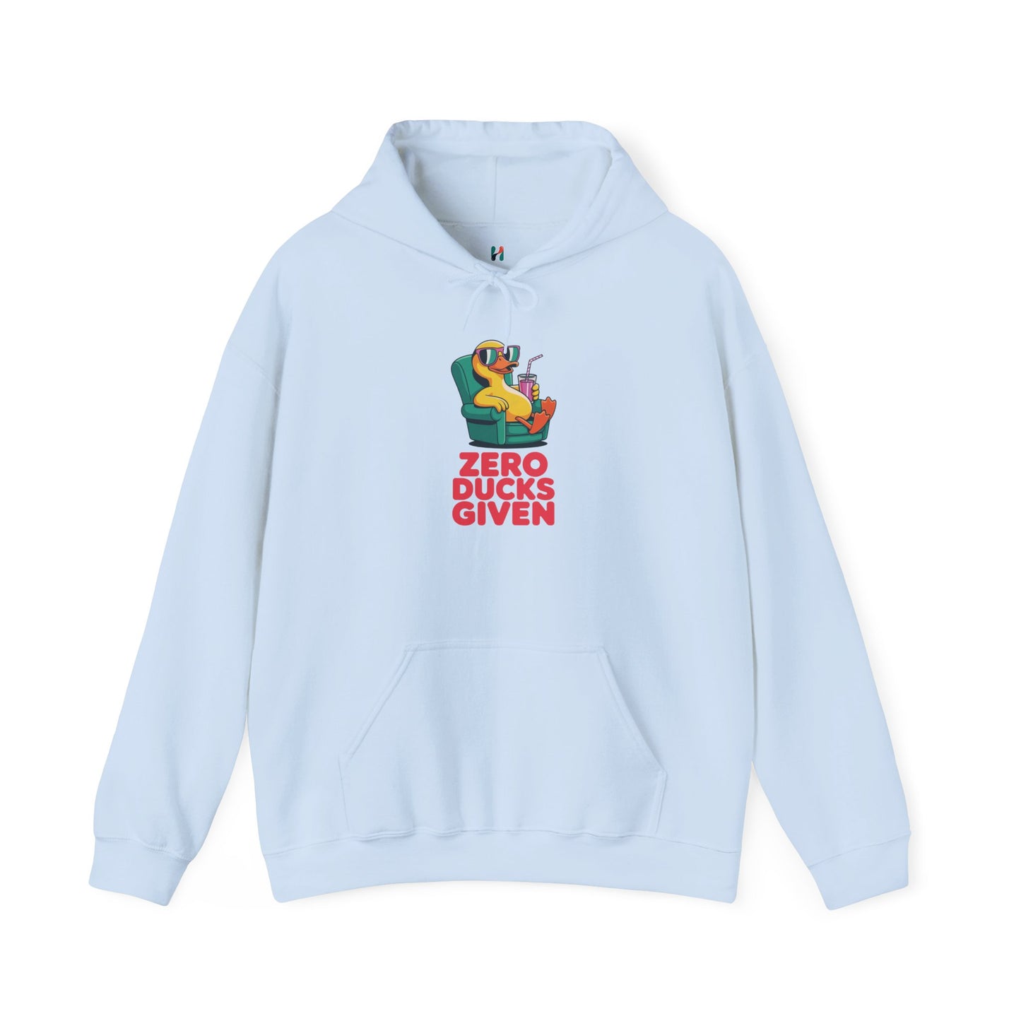 Flat lay of light blue Zero Ducks Given hoodie – novelty funny meme sweatshirt