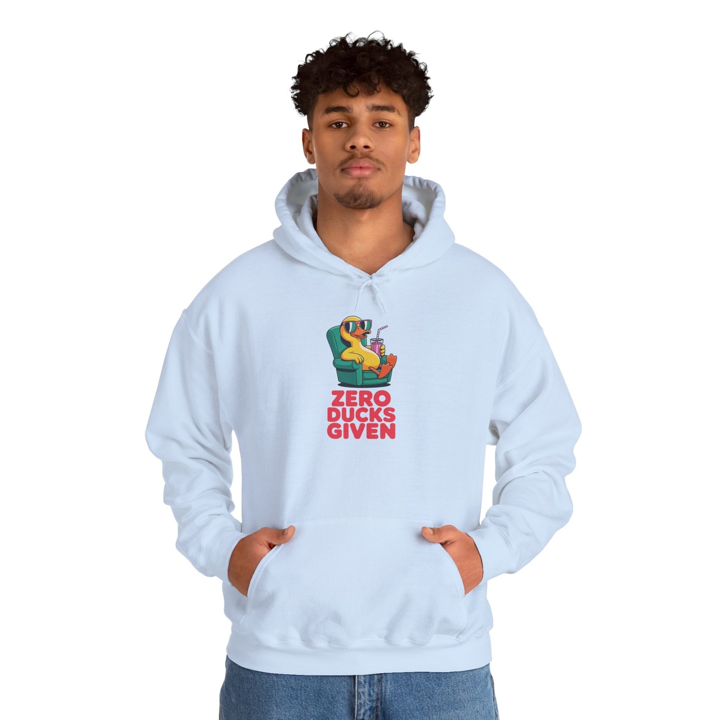 Model wearing light blue Zero Ducks Given hoodie – funny duck meme sweatshirt