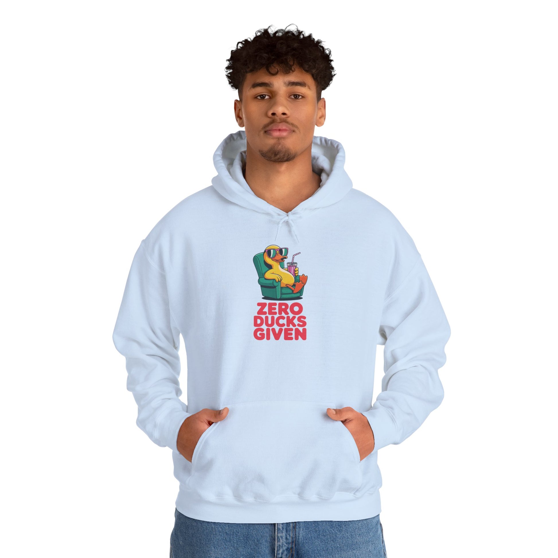 Model wearing light blue Zero Ducks Given hoodie – funny duck meme sweatshirt