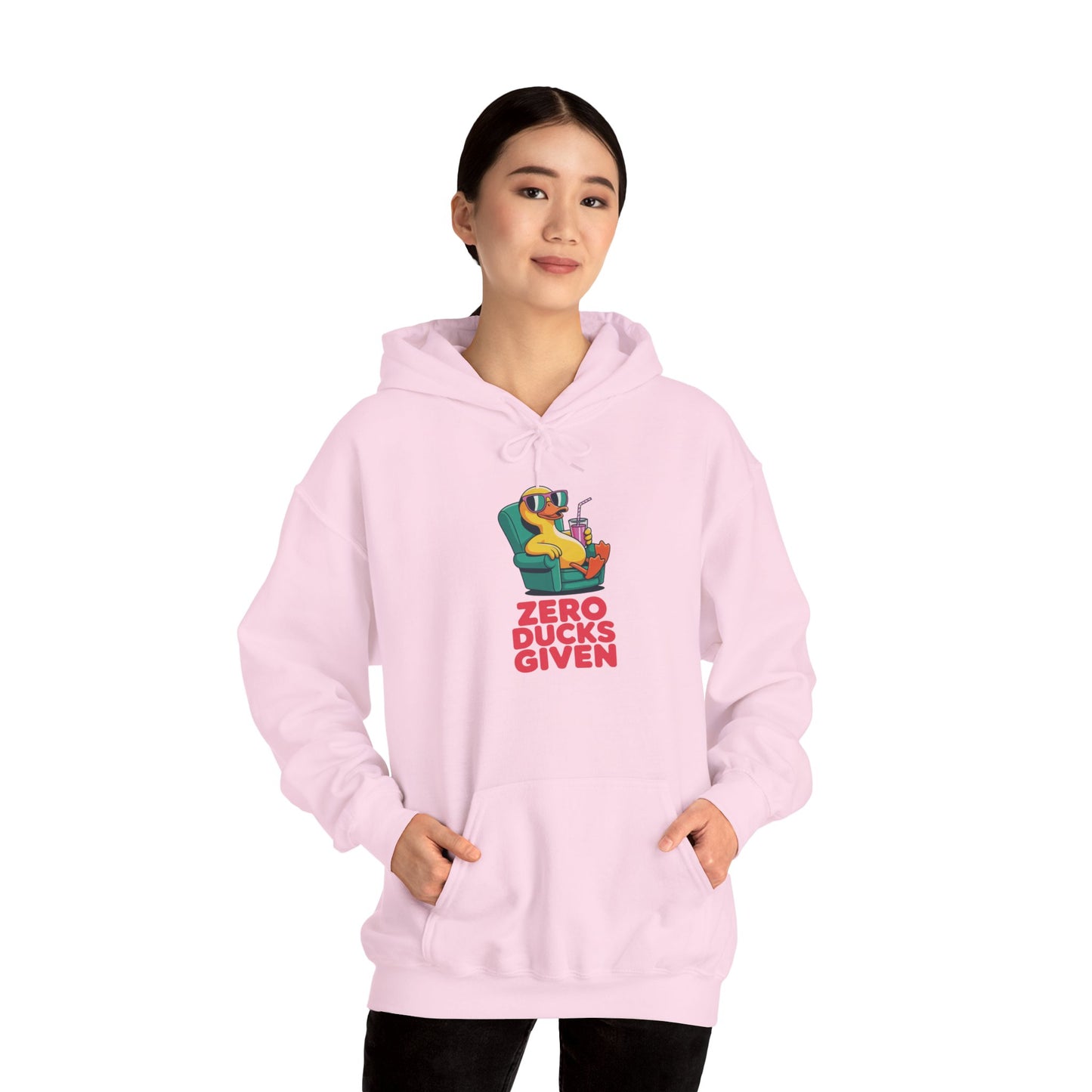 Model wearing pink Zero Ducks Given hoodie – funny duck meme sweatshirt