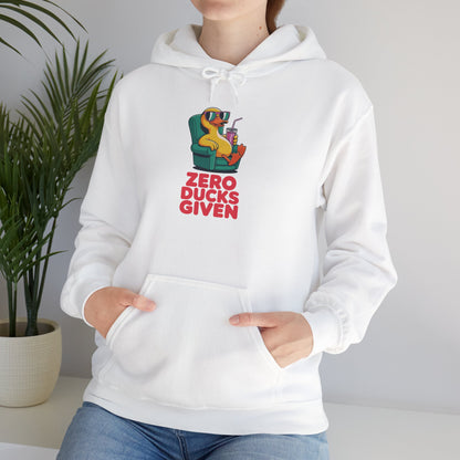 Model leaning against bench wearing white Zero Ducks Given hoodie – casual funny gag gift sweatshirt