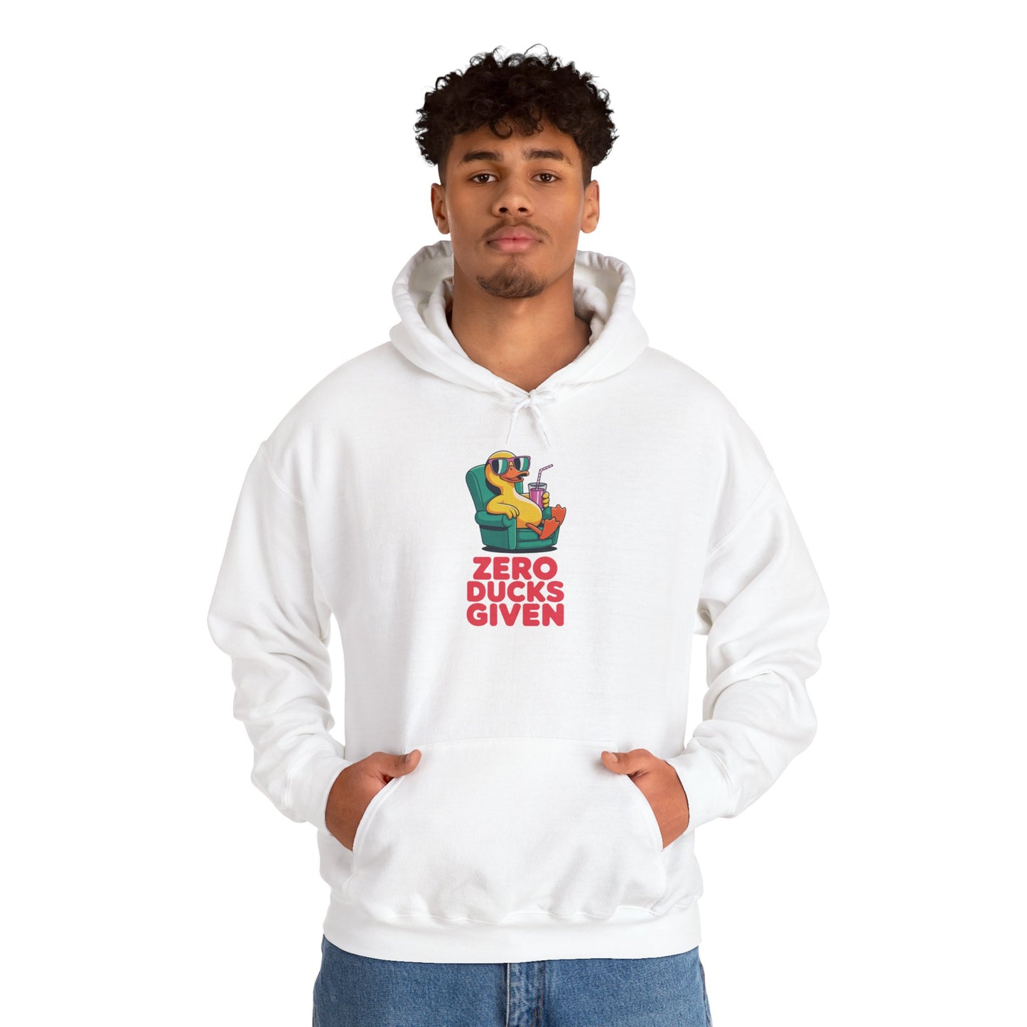Model wearing white Zero Ducks Given hoodie – funny duck meme sweatshirt